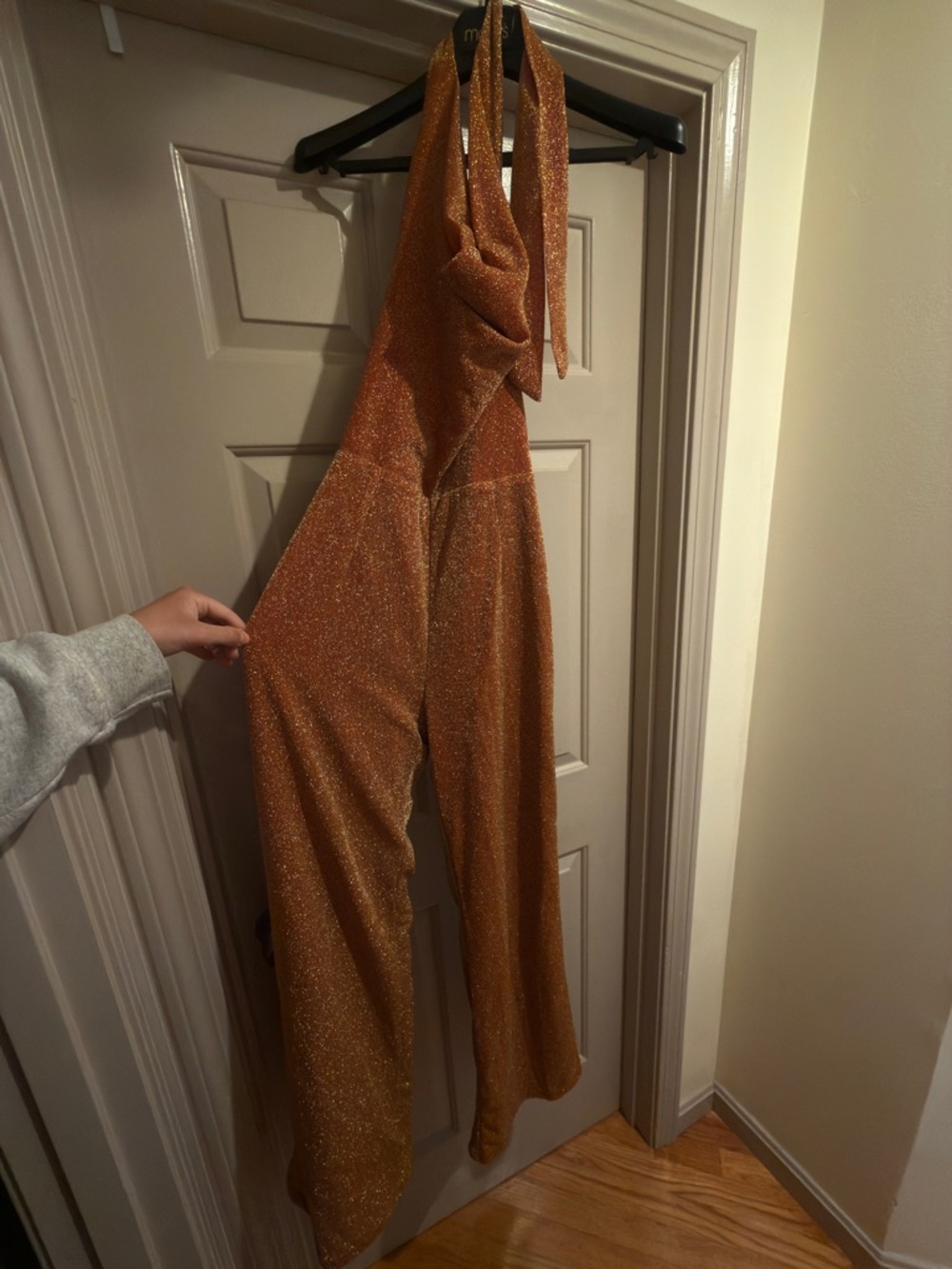 Sparkle Halter Wide-Leg Jumpsuit in Metallic Copper Orange